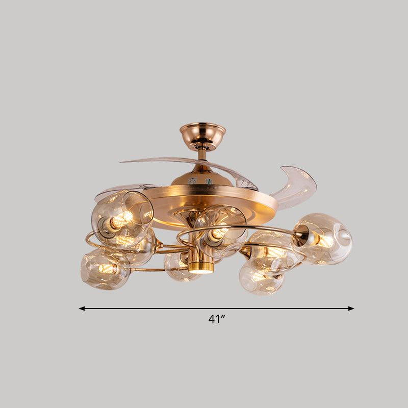 3 Blades Dimpled Glass Cup Pendant Fan Light Vintage 8-Bulb Remote Semi-Flush Ceiling Light Clearhalo 'Ceiling Fans with Lights' 'Ceiling Fans' 'Modern Ceiling Fans' 'Modern' Lighting' 2477532