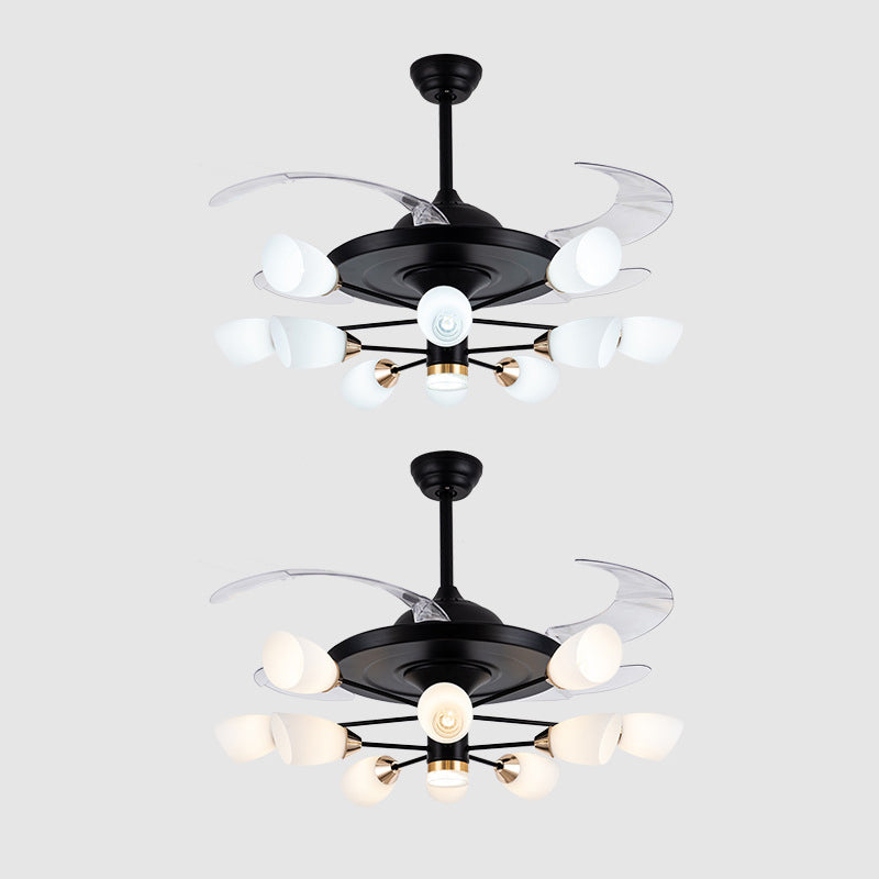 Modern Tulip 4-Blade Hanging Fan Light White Glass 10-Head Living Room Semi Flush Chandelier in Black, 42