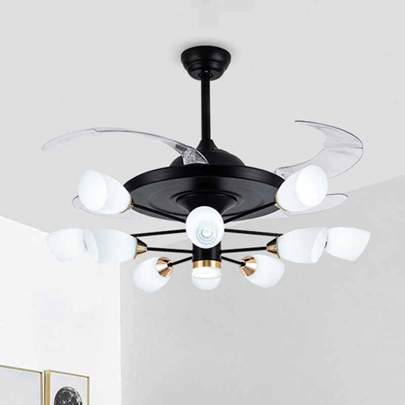 Modern Tulip 4-Blade Hanging Fan Light White Glass 10-Head Living Room Semi Flush Chandelier in Black, 42