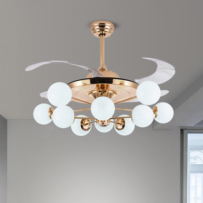 42" Wide Milk Glass Ball Pendant Fan Lamp Postmodern Rose Gold Semi Flush Light with 4 Clear Blades Clearhalo 'Ceiling Fans with Lights' 'Ceiling Fans' 'Modern Ceiling Fans' 'Modern' Lighting' 2477547