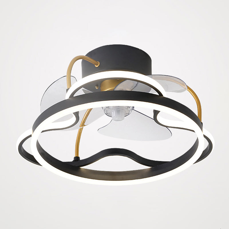 Aluminum Halo Semi-Flush Mount Lighting Minimalism 3-Blade LED Ceiling Fan Light Fixture with Remote, 19.5" Wide Black Remote Round Clearhalo 'Ceiling Fans with Lights' 'Ceiling Fans' 'Modern Ceiling Fans' 'Modern' Lighting' 2477739