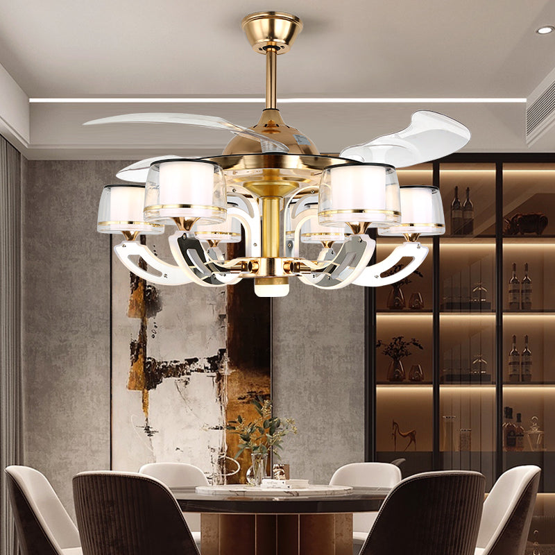 42" Wide Curved Arm LED Semi Flush Chandelier Modern Luxe Metal Living Room Ceiling Fan Lamp with 3-Blade and Remote Brass Remote Clearhalo 'Ceiling Fans with Lights' 'Ceiling Fans' 'Modern Ceiling Fans' 'Modern' Lighting' 2478052