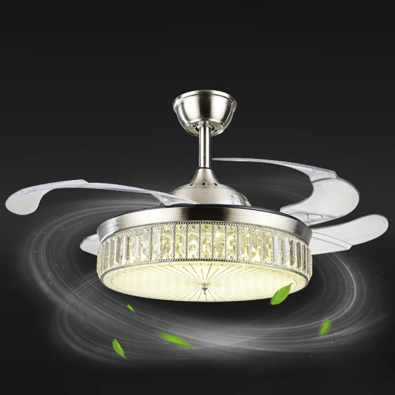Minimalistic Round Pendant Fan Lighting Crystal Living Room LED Semi-Flush Ceiling Light with Remote Control Clearhalo 'Ceiling Fans with Lights' 'Ceiling Fans' 'Modern Ceiling Fans' 'Modern' Lighting' 2478086
