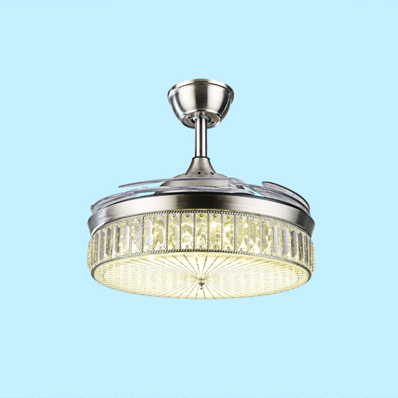 Minimalistic Round Pendant Fan Lighting Crystal Living Room LED Semi-Flush Ceiling Light with Remote Control Clearhalo 'Ceiling Fans with Lights' 'Ceiling Fans' 'Modern Ceiling Fans' 'Modern' Lighting' 2478089