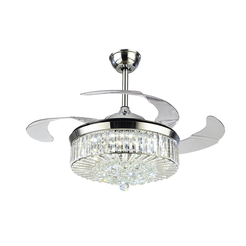 4 Blades Drum LED Pendant Fan Light Modern Crystal Living Room Semi Flush Mount Ceiling Light with Remote Silver Remote Clearhalo 'Ceiling Fans with Lights' 'Ceiling Fans' 'Modern Ceiling Fans' 'Modern' Lighting' 2478103