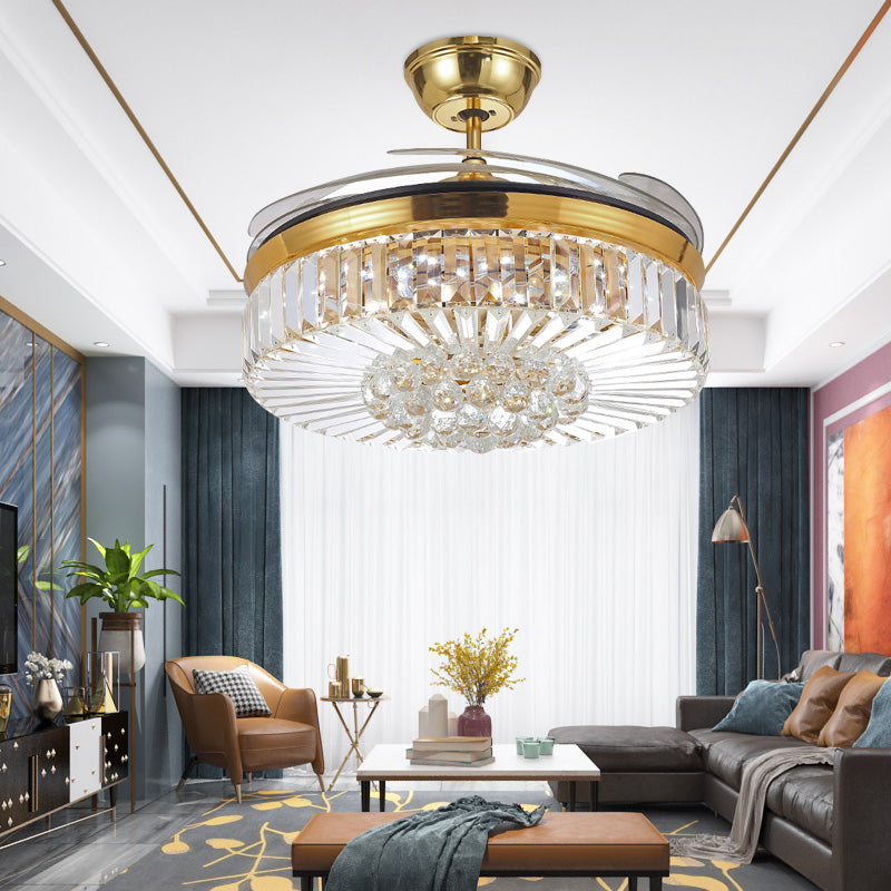 4 Blades Drum LED Pendant Fan Light Modern Crystal Living Room Semi Flush Mount Ceiling Light with Remote Clearhalo 'Ceiling Fans with Lights' 'Ceiling Fans' 'Modern Ceiling Fans' 'Modern' Lighting' 2478104