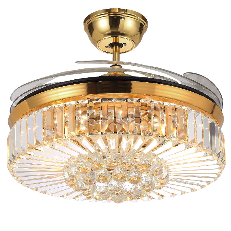 4 Blades Drum LED Pendant Fan Light Modern Crystal Living Room Semi Flush Mount Ceiling Light with Remote Clearhalo 'Ceiling Fans with Lights' 'Ceiling Fans' 'Modern Ceiling Fans' 'Modern' Lighting' 2478105