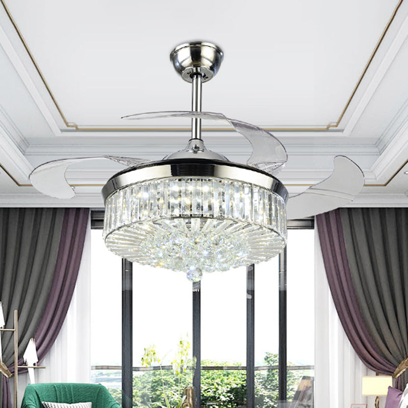 4 Blades Drum LED Pendant Fan Light Modern Crystal Living Room Semi Flush Mount Ceiling Light with Remote Clearhalo 'Ceiling Fans with Lights' 'Ceiling Fans' 'Modern Ceiling Fans' 'Modern' Lighting' 2478106