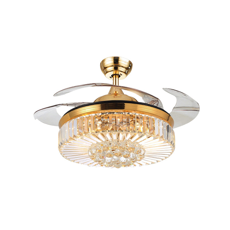 4 Blades Drum LED Pendant Fan Light Modern Crystal Living Room Semi Flush Mount Ceiling Light with Remote Clearhalo 'Ceiling Fans with Lights' 'Ceiling Fans' 'Modern Ceiling Fans' 'Modern' Lighting' 2478107