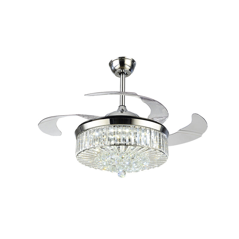 4 Blades Drum LED Pendant Fan Light Modern Crystal Living Room Semi Flush Mount Ceiling Light with Remote Clearhalo 'Ceiling Fans with Lights' 'Ceiling Fans' 'Modern Ceiling Fans' 'Modern' Lighting' 2478109