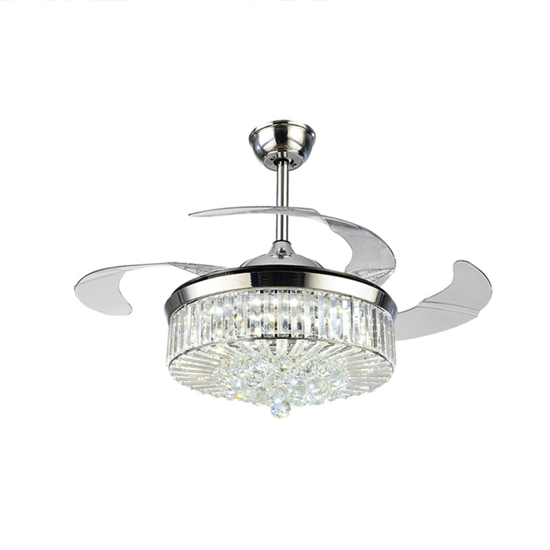 4 Blades Drum LED Pendant Fan Light Modern Crystal Living Room Semi Flush Mount Ceiling Light with Remote Clearhalo 'Ceiling Fans with Lights' 'Ceiling Fans' 'Modern Ceiling Fans' 'Modern' Lighting' 2478110