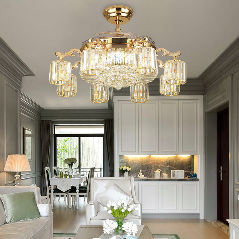 Cylindrical Crystal Ceiling Fan Light Modern 8-Light Semi Flush Mount Chandelier with 4 Blades and Remote Clearhalo 'Ceiling Fans with Lights' 'Ceiling Fans' 'Modern Ceiling Fans' 'Modern' Lighting' 2478115