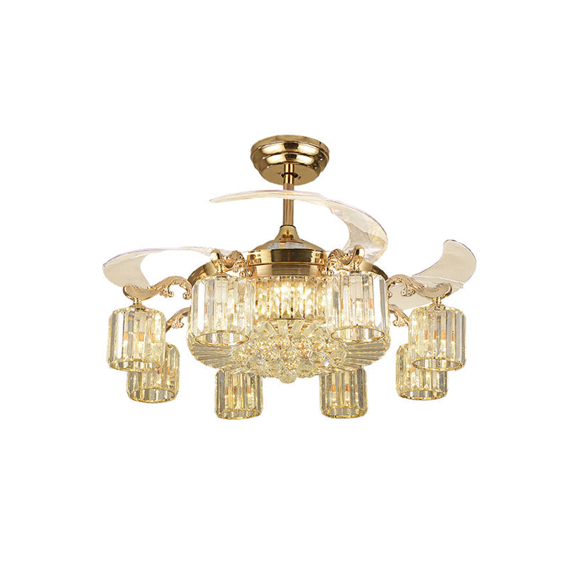 Cylindrical Crystal Ceiling Fan Light Modern 8-Light Semi Flush Mount Chandelier with 4 Blades and Remote Clearhalo 'Ceiling Fans with Lights' 'Ceiling Fans' 'Modern Ceiling Fans' 'Modern' Lighting' 2478117