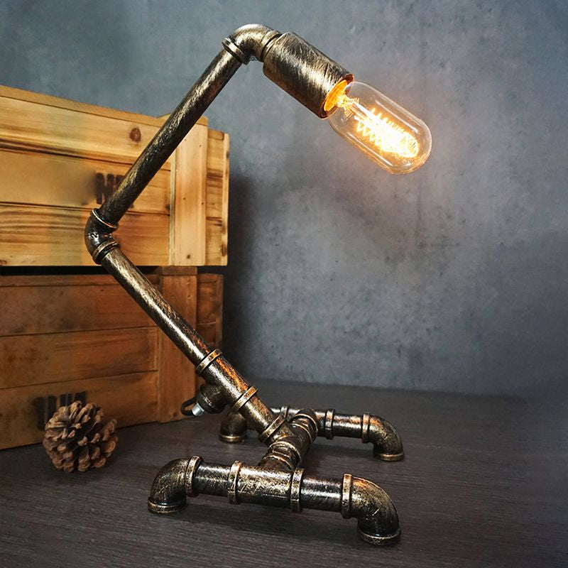 Wrought Iron Pipe Art Night Lamp Industrial 1-Bulb Boys Room Table Light in Bronze Bronze Curved Clearhalo 'Lamps' 'Table Lamps' Lighting' 2478366
