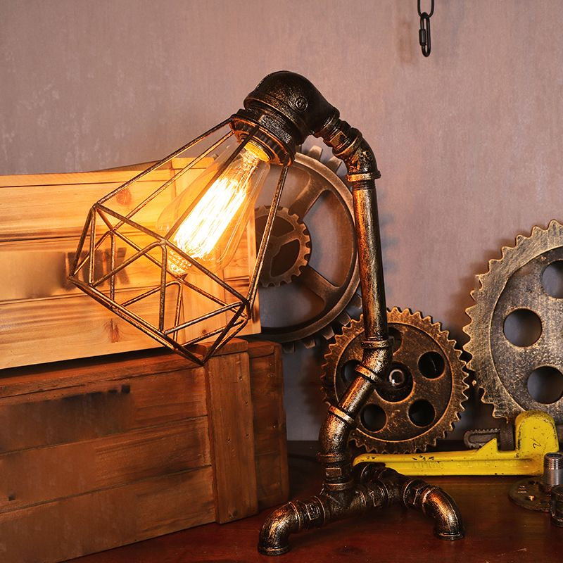 Metal Antiqued Bronze Table Light Water Pipe Creative Steampunk Style Nightstand Lamp Bronze Down Clearhalo 'Lamps' 'Table Lamps' Lighting' 2478388