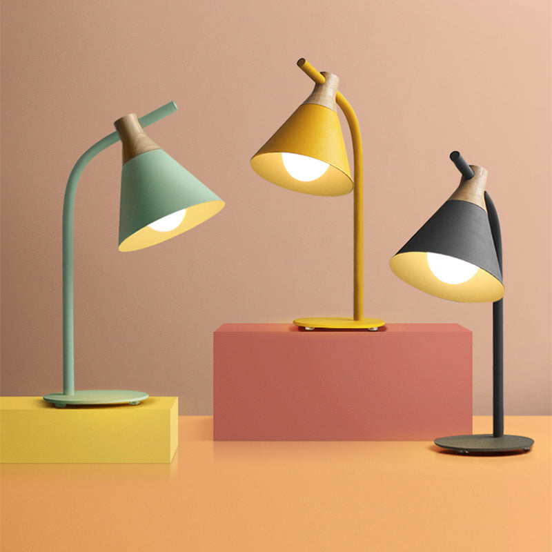 Metal Conical Table Light Macaron Single-Bulb Nightstand Lamp with Bend Arm for Bedroom Clearhalo 'Lamps' 'Table Lamps' Lighting' 2478485