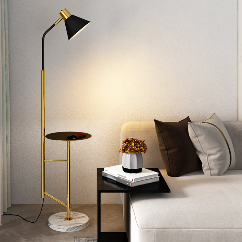 Cone Shade Living Room Task Floor Lamp Nordic Metal 1 Head Floor Light with Marble Tray Gold-Black Clearhalo 'Floor Lamps' 'Lamps' Lighting' 2478723