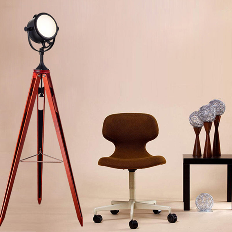 Metal Round Spotlight Floor Light Industrial 1 Head Living Room Standing Lamp with Wooden Tripod Red-Black Clearhalo 'Floor Lamps' 'Lamps' Lighting' 2478773