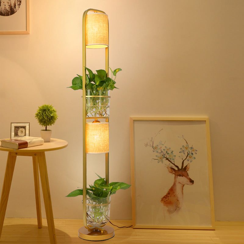 Cylindrical Fabric Floor Lamp Modern 2 Heads Standing Floor Light with Glass Plant Jar Clearhalo 'Floor Lamps' 'Lamps' Lighting' 2478817