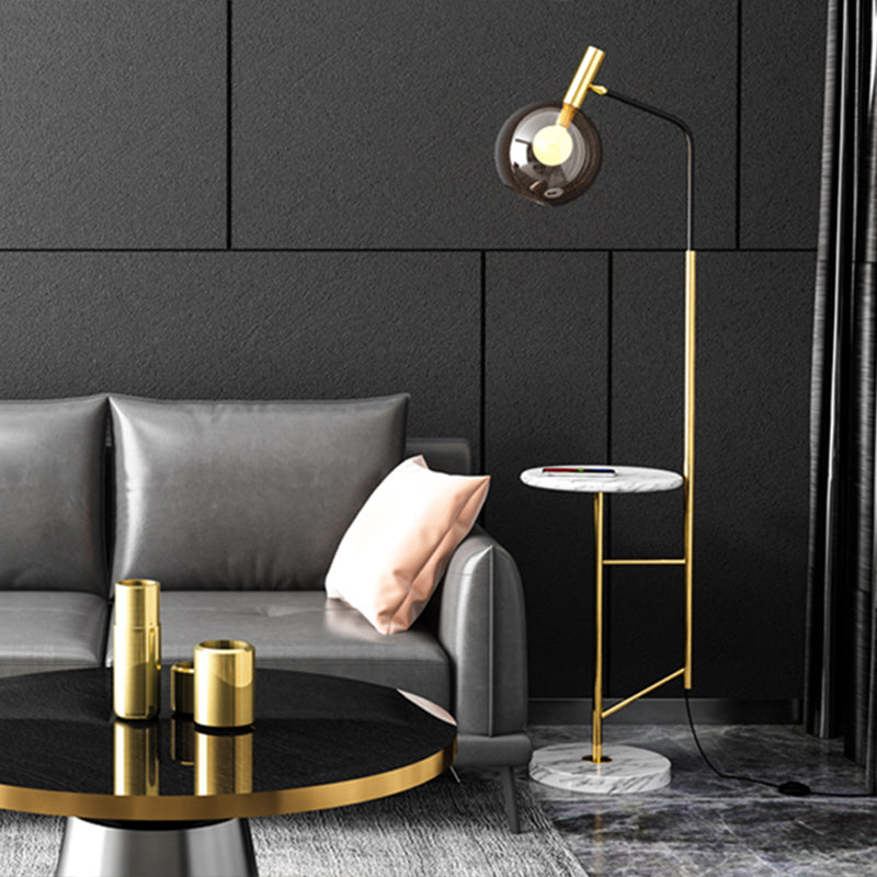 Smoke Grey Glass Sphere Standing Light Mid-Century 1-Light Rotatable Floor Lamp with Table Clearhalo 'Floor Lamps' 'Lamps' Lighting' 2478894