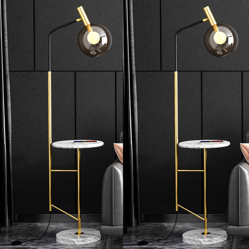 Smoke Grey Glass Sphere Standing Light Mid-Century 1-Light Rotatable Floor Lamp with Table White Clearhalo 'Floor Lamps' 'Lamps' Lighting' 2478895