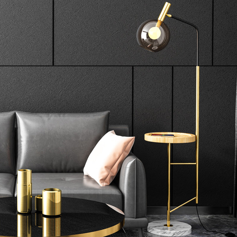 Smoke Grey Glass Sphere Standing Light Mid-Century 1-Light Rotatable Floor Lamp with Table Clearhalo 'Floor Lamps' 'Lamps' Lighting' 2478897