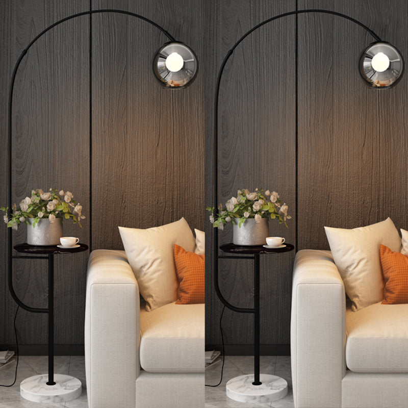 Fishing Rod Living Room Standing Lamp Metal Single Postmodern Tray Floor Light with Ball Smoke Grey Glass Shade Black Clearhalo 'Floor Lamps' 'Lamps' Lighting' 2478936