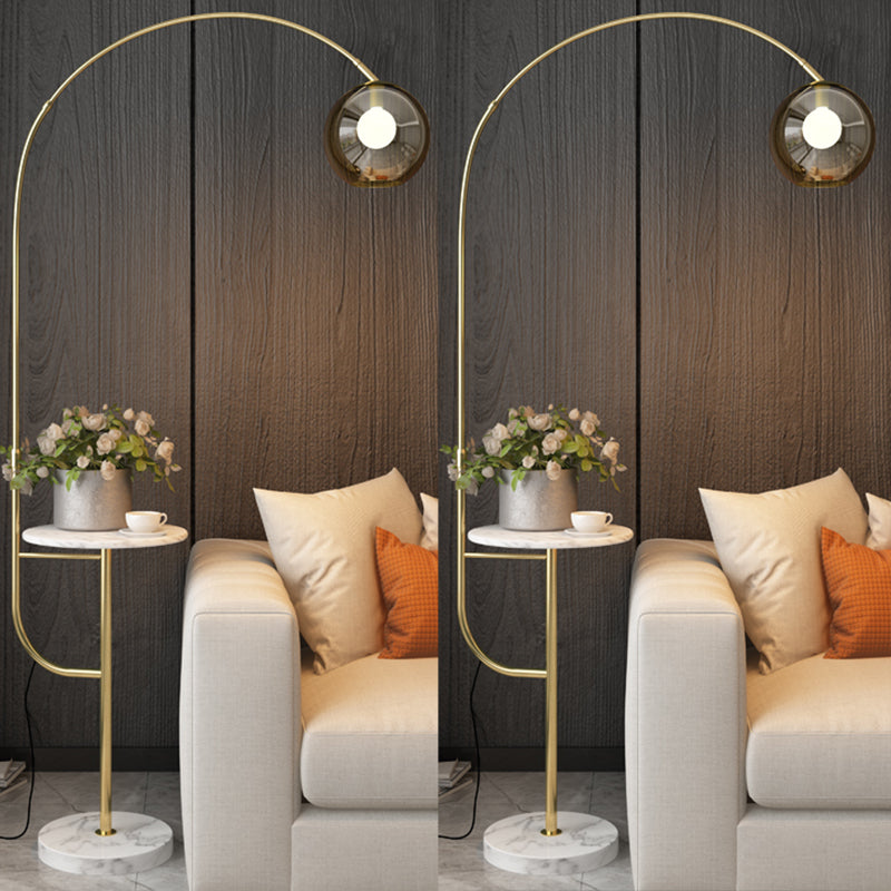 Fishing Rod Living Room Standing Lamp Metal Single Postmodern Tray Floor Light with Ball Smoke Grey Glass Shade White Clearhalo 'Floor Lamps' 'Lamps' Lighting' 2478937