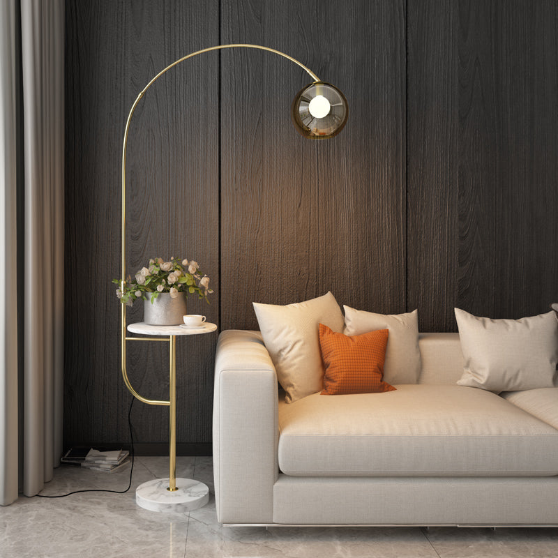 Fishing Rod Living Room Standing Lamp Metal Single Postmodern Tray Floor Light with Ball Smoke Grey Glass Shade Clearhalo 'Floor Lamps' 'Lamps' Lighting' 2478940
