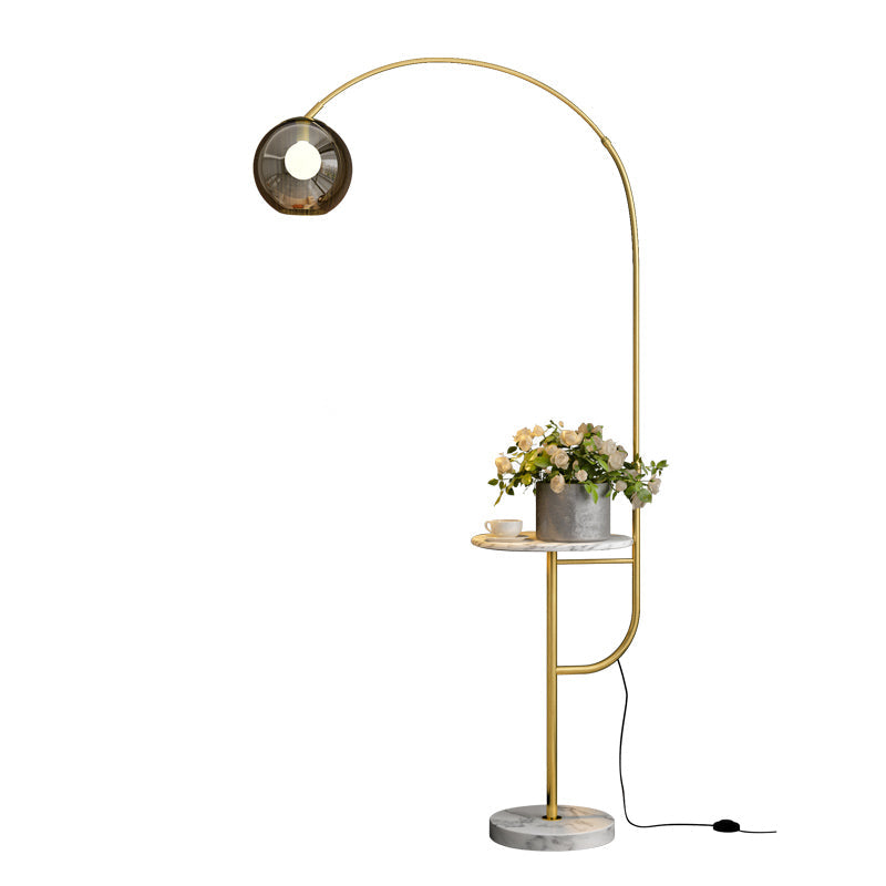 Fishing Rod Living Room Standing Lamp Metal Single Postmodern Tray Floor Light with Ball Smoke Grey Glass Shade Clearhalo 'Floor Lamps' 'Lamps' Lighting' 2478944