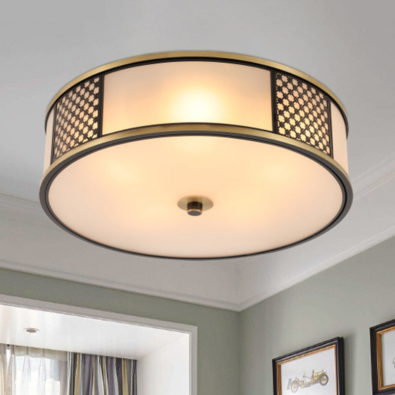 Brass Drum Flush Mount Lighting Traditional White Glass 5 Lights Living Room Ceiling Lamp, 16"/19.5" W White Clearhalo 'Ceiling Lights' 'Close To Ceiling Lights' 'Close to ceiling' 'Flush mount' Lighting' 247946