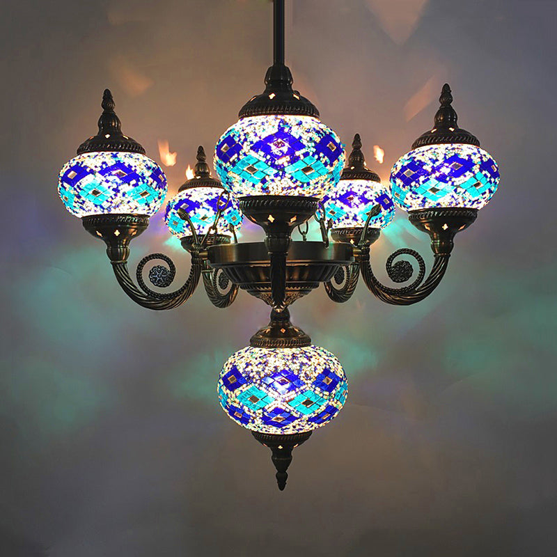 Curved Arm Pendant Chandelier Traditional Red/Blue/Orange Red Glass 6 Bulbs Hanging Light Fixture for Coffee Shop Clearhalo 'Ceiling Lights' 'Chandeliers' 'Glass shade' 'Glass' Lighting' 247998