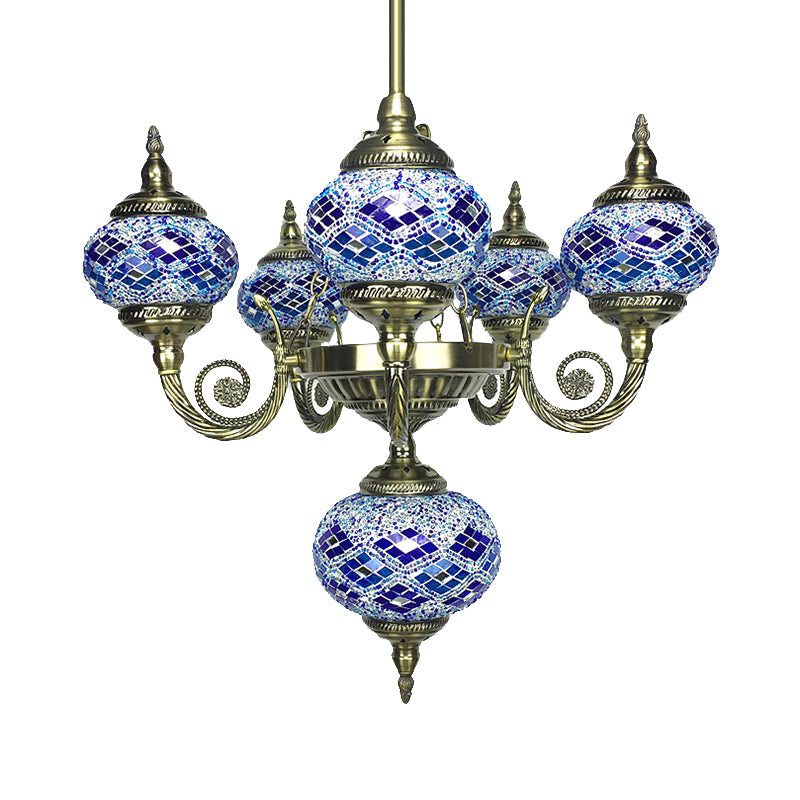 Curved Arm Pendant Chandelier Traditional Red/Blue/Orange Red Glass 6 Bulbs Hanging Light Fixture for Coffee Shop Clearhalo 'Ceiling Lights' 'Chandeliers' 'Glass shade' 'Glass' Lighting' 247999