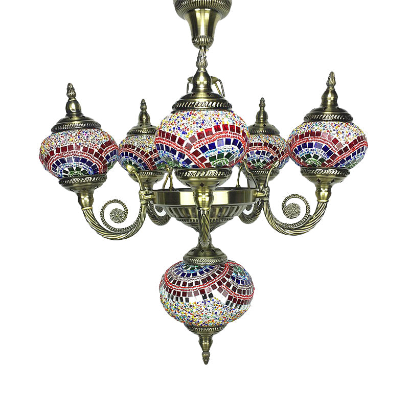 Curved Arm Pendant Chandelier Traditional Red/Blue/Orange Red Glass 6 Bulbs Hanging Light Fixture for Coffee Shop Clearhalo 'Ceiling Lights' 'Chandeliers' 'Glass shade' 'Glass' Lighting' 248003