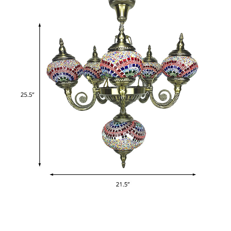 Curved Arm Pendant Chandelier Traditional Red/Blue/Orange Red Glass 6 Bulbs Hanging Light Fixture for Coffee Shop Clearhalo 'Ceiling Lights' 'Chandeliers' 'Glass shade' 'Glass' Lighting' 248004