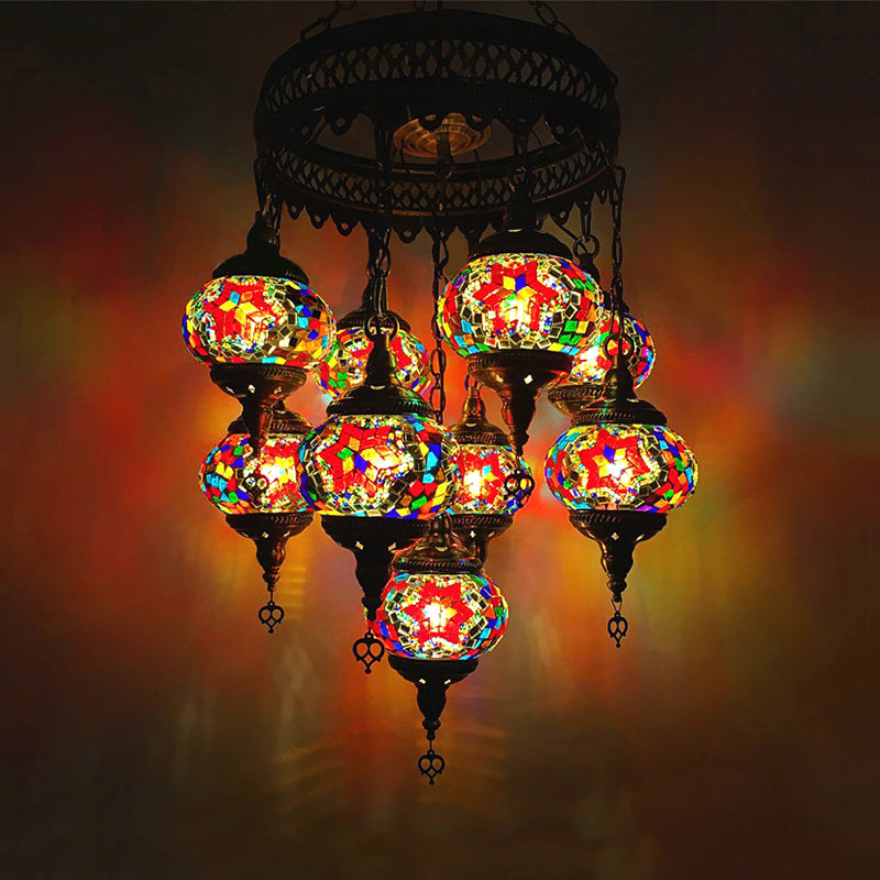 Sphere Chandelier Light Retro Red/Pink/Orange/Watermelon Red Glass 9 Heads Hanging Lamp for Restaurant Red Clearhalo 'Ceiling Lights' 'Chandeliers' 'Glass shade' 'Glass' Lighting' 248027