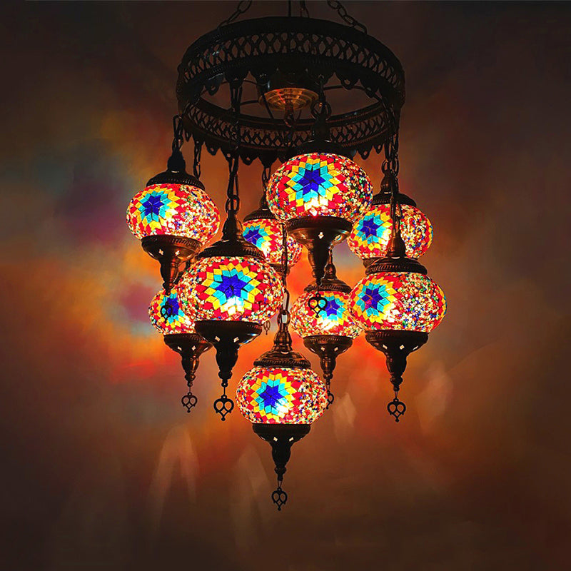 Sphere Chandelier Light Retro Red/Pink/Orange/Watermelon Red Glass 9 Heads Hanging Lamp for Restaurant Watermelon Red Clearhalo 'Ceiling Lights' 'Chandeliers' 'Glass shade' 'Glass' Lighting' 248030