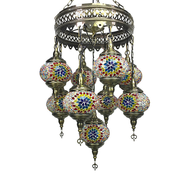 Sphere Chandelier Light Retro Red/Pink/Orange/Watermelon Red Glass 9 Heads Hanging Lamp for Restaurant Clearhalo 'Ceiling Lights' 'Chandeliers' 'Glass shade' 'Glass' Lighting' 248031