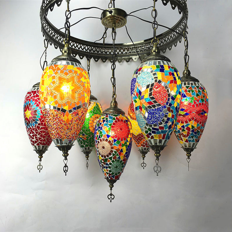 Traditionary 7 Heads Chandelier Lamp Bronze Teardrop Pendant Light with Colorful Glass Shade for Coffee House Clearhalo 'Ceiling Lights' 'Chandeliers' 'Glass shade' 'Glass' Lighting' 248040
