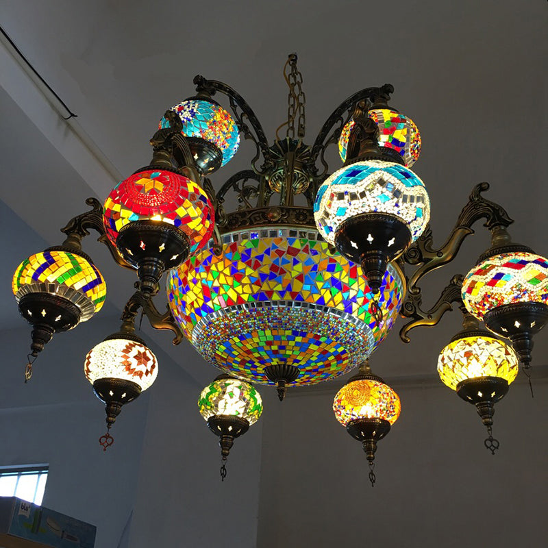 Curved Arm Metal Chandelier Traditional 15 Heads Bronze Hanging Light Kit with Ball Colorful Glass Shade Bronze Clearhalo 'Ceiling Lights' 'Chandeliers' Lighting' options 248077_bdc1ed94-988e-41bd-b6a8-4df63bcede59