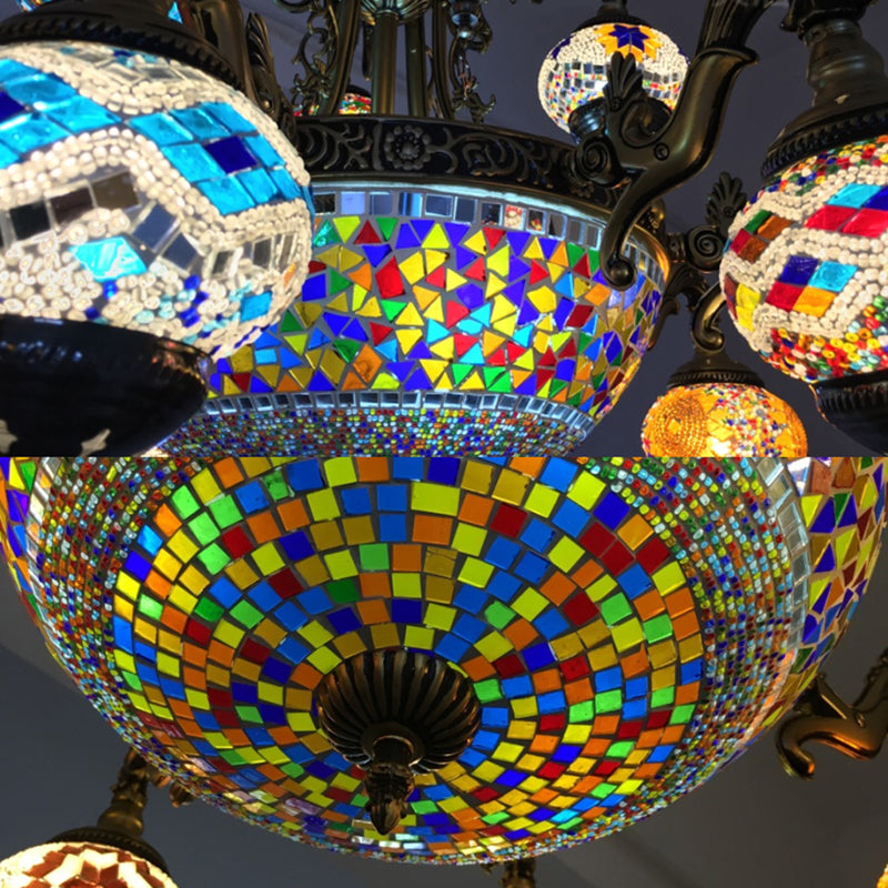 Curved Arm Metal Chandelier Traditional 15 Heads Bronze Hanging Light Kit with Ball Colorful Glass Shade Clearhalo 'Ceiling Lights' 'Chandeliers' Lighting' options 248082