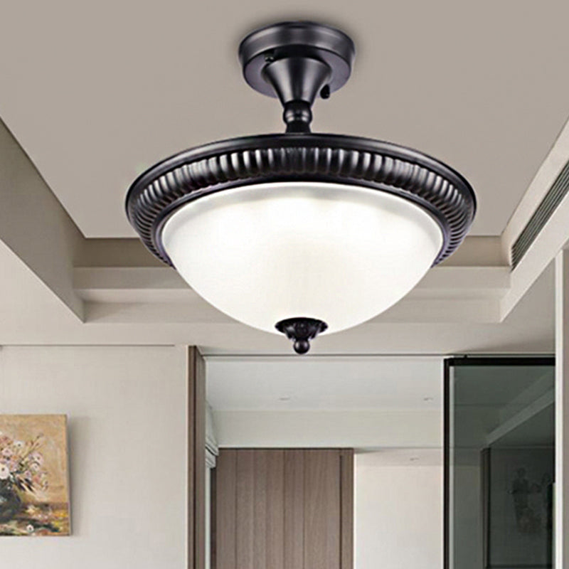 Bowl Living Room Semi Mount Lighting Traditional Frosted Glass LED Black Ceiling Light, Warm/White Light Black White Clearhalo 'Ceiling Lights' 'Close To Ceiling Lights' 'Close to ceiling' 'Glass shade' 'Glass' 'Semi-flushmount' Lighting' 248189