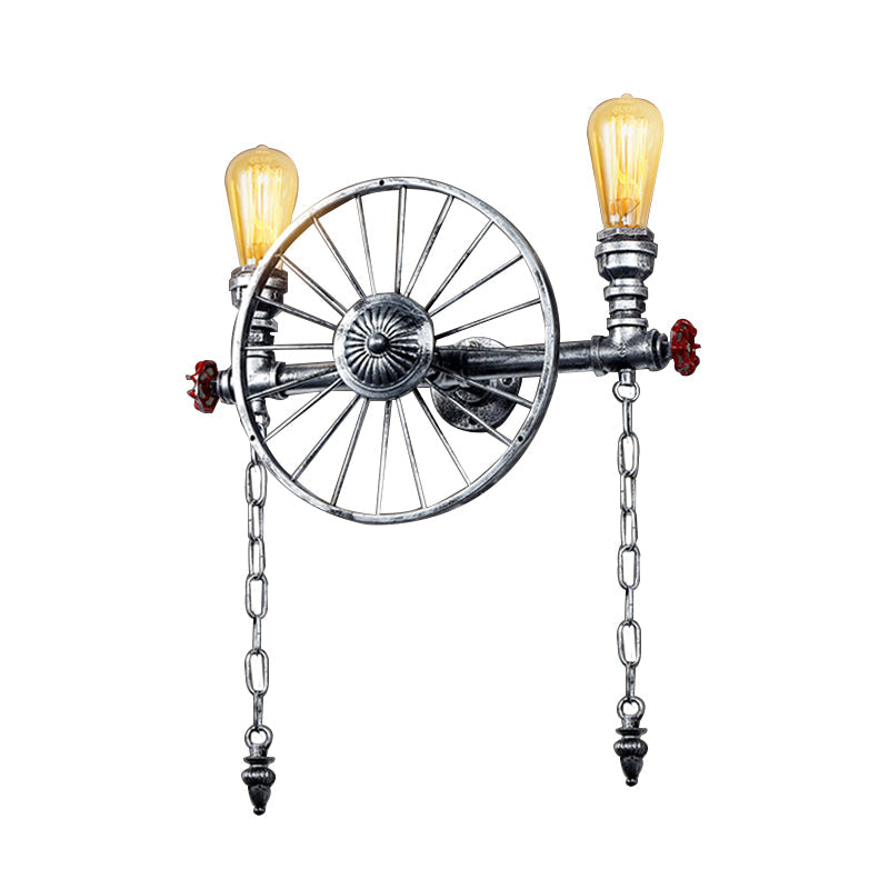 1/2-Head Bare Bulb Wall Mount Light Industrial Style Silver/Bronze/Antique Brass Wrought Iron Wall Lighting with Wheel Decoration Clearhalo 'Art deco wall lights' 'Cast Iron' 'Glass' 'Industrial wall lights' 'Industrial' 'Middle century wall lights' 'Modern' 'Rustic wall lights' 'Tiffany' 'Traditional wall lights' 'Wall Lamps & Sconces' 'Wall Lights' Lighting' 248223