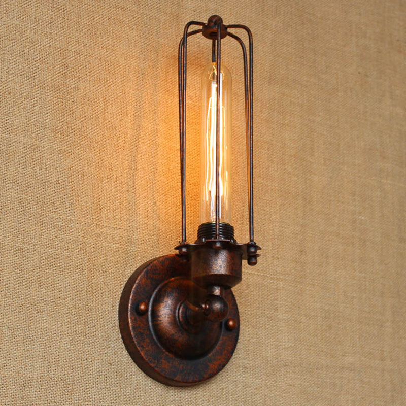 1/2-Bulb Linear Cage Sconce Lamp Industrial Black/Rust Metal Wall Light Fixture for Living Room Clearhalo 'Art deco wall lights' 'Cast Iron' 'Glass' 'Industrial wall lights' 'Industrial' 'Middle century wall lights' 'Modern' 'Rustic wall lights' 'Tiffany' 'Traditional wall lights' 'Wall Lamps & Sconces' 'Wall Lights' Lighting' 248285