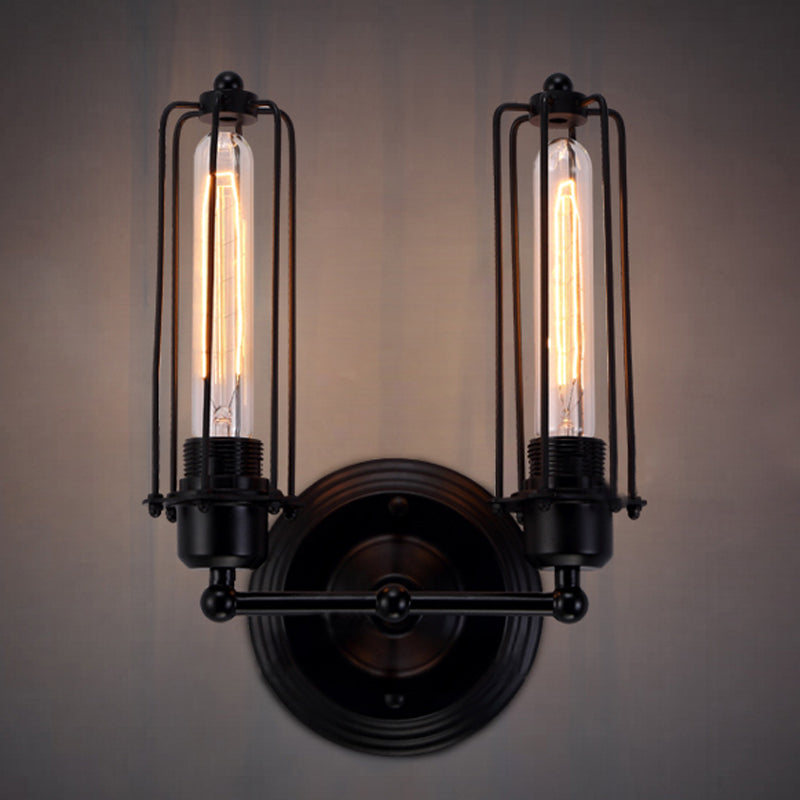 1/2-Bulb Linear Cage Sconce Lamp Industrial Black/Rust Metal Wall Light Fixture for Living Room Clearhalo 'Art deco wall lights' 'Cast Iron' 'Glass' 'Industrial wall lights' 'Industrial' 'Middle century wall lights' 'Modern' 'Rustic wall lights' 'Tiffany' 'Traditional wall lights' 'Wall Lamps & Sconces' 'Wall Lights' Lighting' 248288