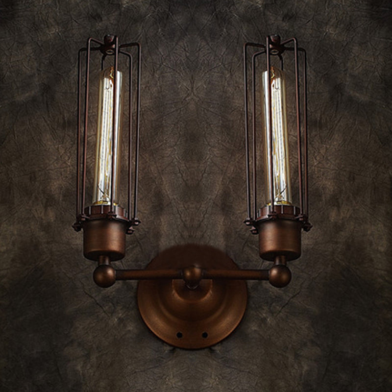 1/2/4-Light Cage Wall Sconce Lighting with Tube Shape Industrial Bronze Wrought Iron Wall Lamp for Dining Table Clearhalo 'Art deco wall lights' 'Cast Iron' 'Glass' 'Industrial wall lights' 'Industrial' 'Middle century wall lights' 'Modern' 'Rustic wall lights' 'Tiffany' 'Traditional wall lights' 'Wall Lamps & Sconces' 'Wall Lights' Lighting' 248310