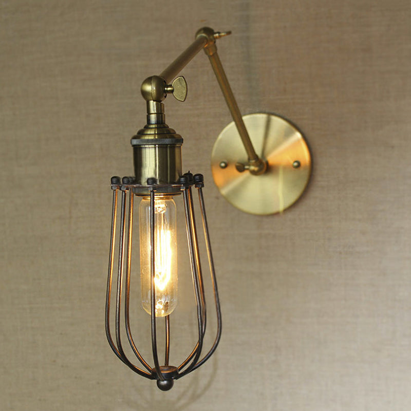 1 Light Arm Adjustable Wall Lighting with Cage Shade Loft Style Black/Brass/Aged Brass Wall Mount Light over Table Clearhalo 'Art deco wall lights' 'Cast Iron' 'Glass' 'Industrial wall lights' 'Industrial' 'Middle century wall lights' 'Modern' 'Rustic wall lights' 'Tiffany' 'Traditional wall lights' 'Wall Lamps & Sconces' 'Wall Lights' Lighting' 248344