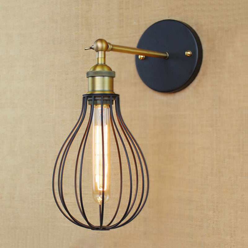 1 Head Cylinder/Teardrop Caged Wall Mount Lighting Industrial Black Metal Mini Wall Light Fixture for Bedroom Clearhalo 'Art deco wall lights' 'Cast Iron' 'Glass' 'Industrial wall lights' 'Industrial' 'Middle century wall lights' 'Modern' 'Rustic wall lights' 'Tiffany' 'Traditional wall lights' 'Wall Lamps & Sconces' 'Wall Lights' Lighting' 248391