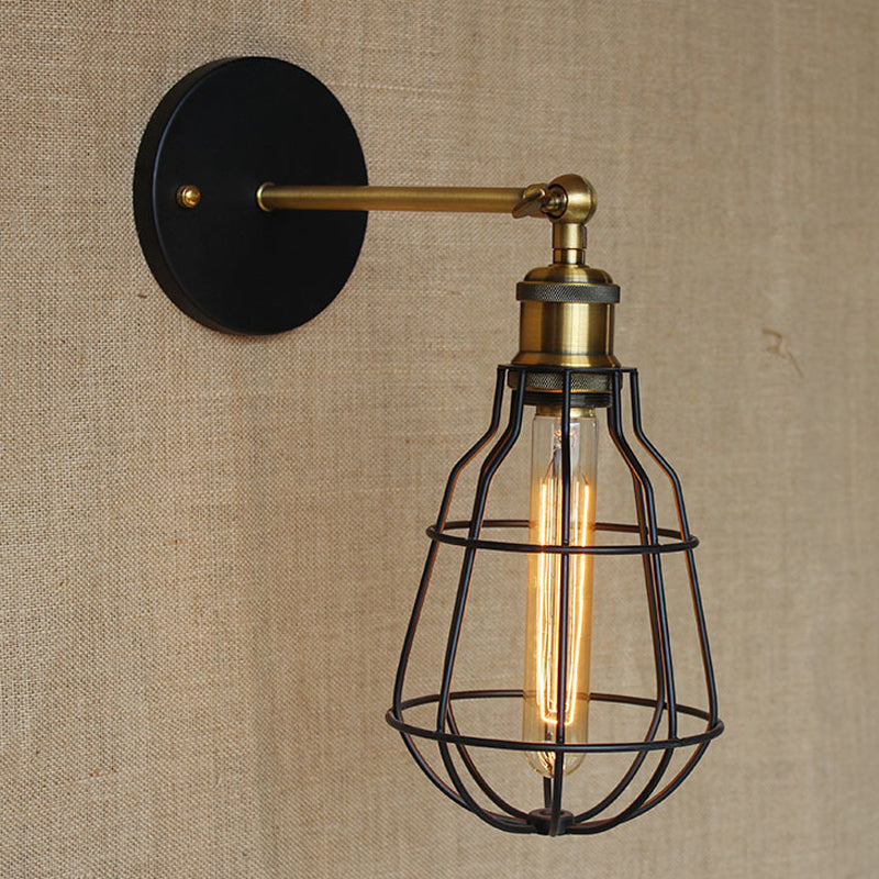 1 Head Cylinder/Teardrop Caged Wall Mount Lighting Industrial Black Metal Mini Wall Light Fixture for Bedroom Clearhalo 'Art deco wall lights' 'Cast Iron' 'Glass' 'Industrial wall lights' 'Industrial' 'Middle century wall lights' 'Modern' 'Rustic wall lights' 'Tiffany' 'Traditional wall lights' 'Wall Lamps & Sconces' 'Wall Lights' Lighting' 248398