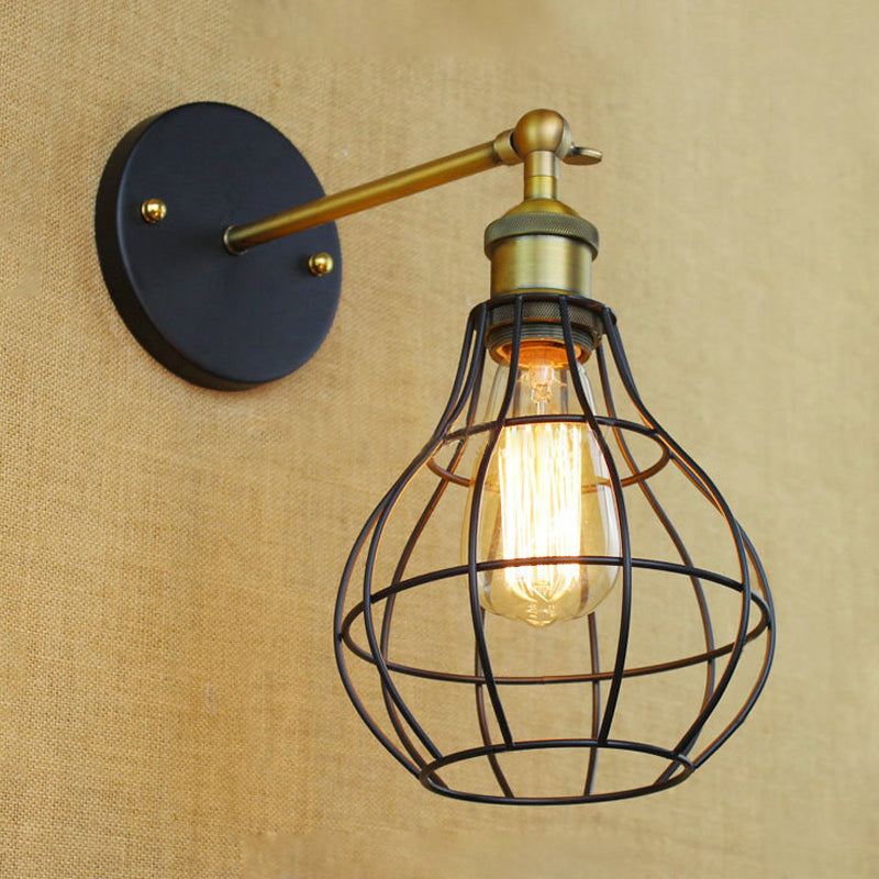 1 Head Cylinder/Teardrop Caged Wall Mount Lighting Industrial Black Metal Mini Wall Light Fixture for Bedroom Clearhalo 'Art deco wall lights' 'Cast Iron' 'Glass' 'Industrial wall lights' 'Industrial' 'Middle century wall lights' 'Modern' 'Rustic wall lights' 'Tiffany' 'Traditional wall lights' 'Wall Lamps & Sconces' 'Wall Lights' Lighting' 248400